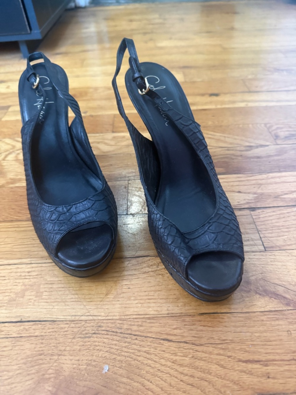 Cole Haan Black Croc-Embossed Peep-Toe Slingback Wedges